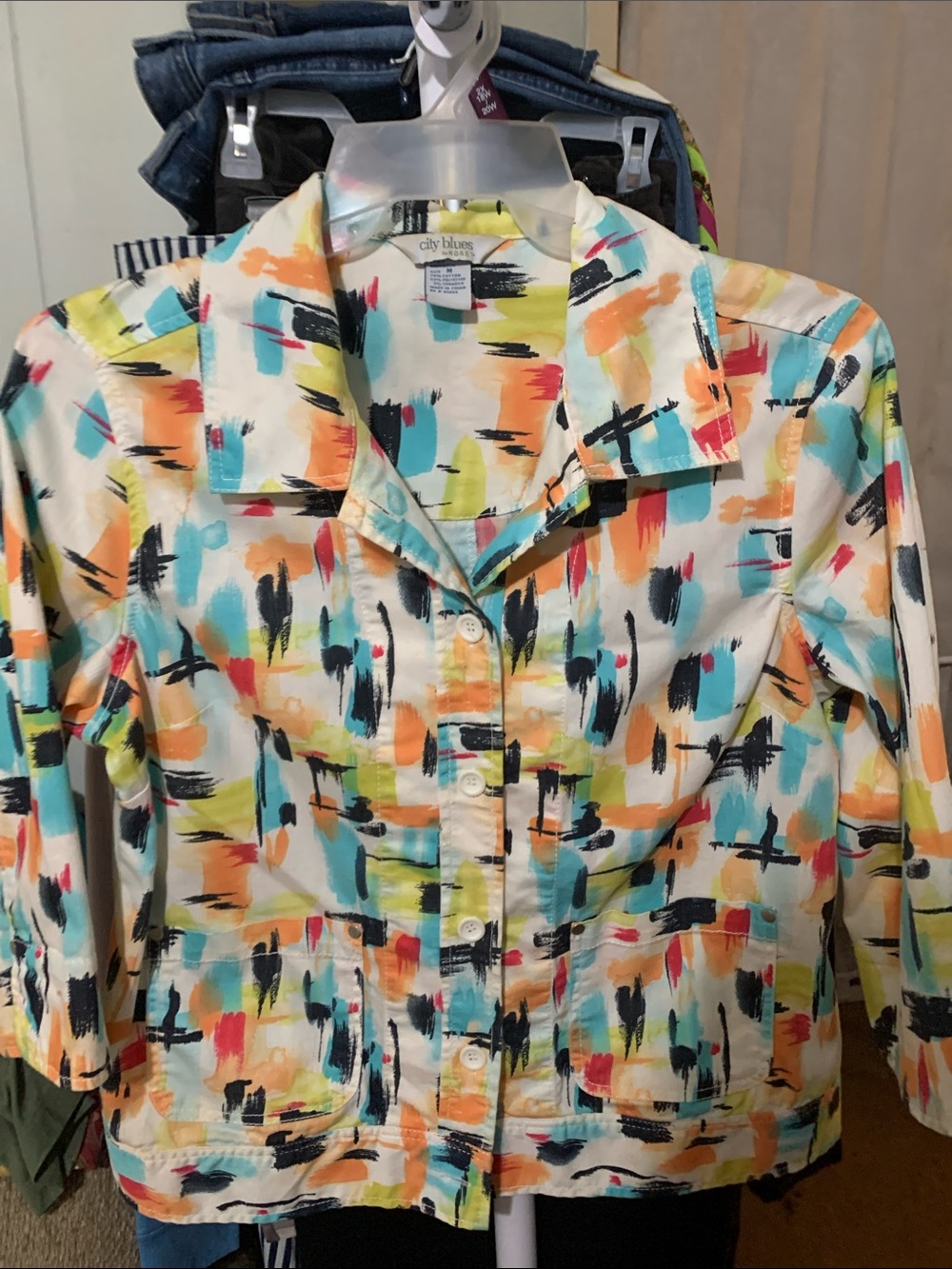 City Blues by Koret Multicolor Brushstroke Button-Up Jacket - White Base Sz M